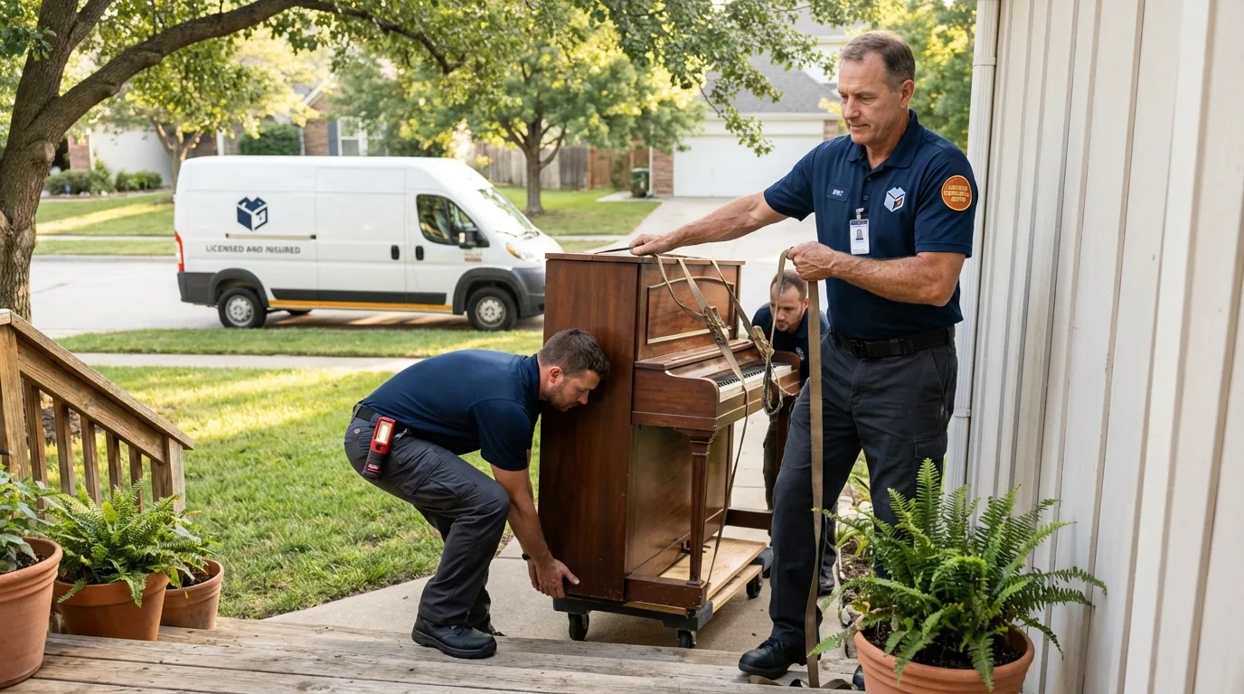 Licensed piano movers securing grand piano in Dundee, MI