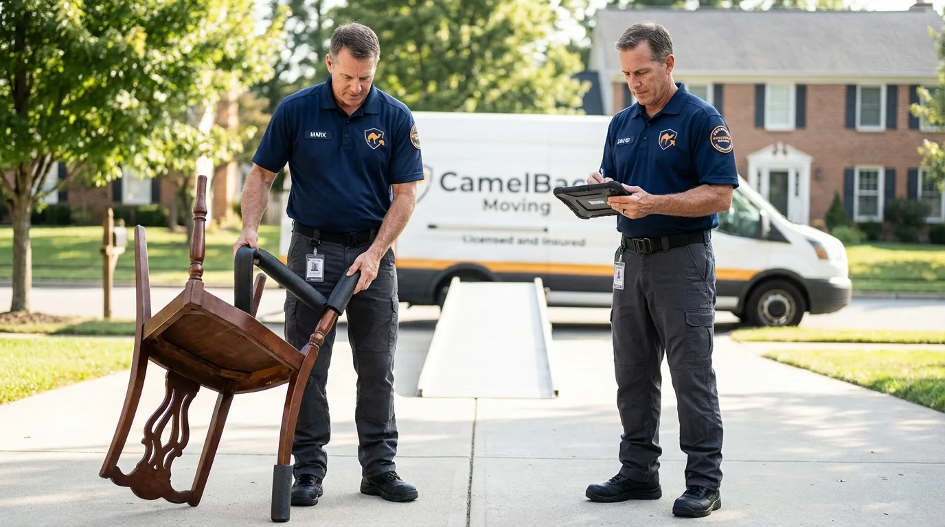 Movers inspecting furniture for damage prevention before loading in Dundee, MI