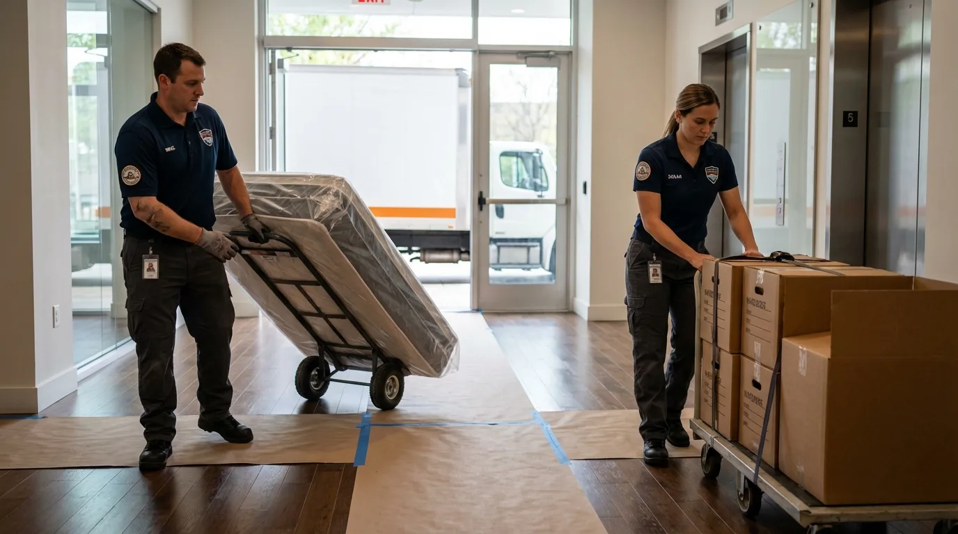 Professional apartment movers loading elevator in Dundee, MI