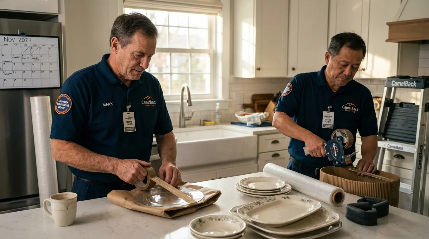 Professional crew packing kitchen dishware in Dundee, MI